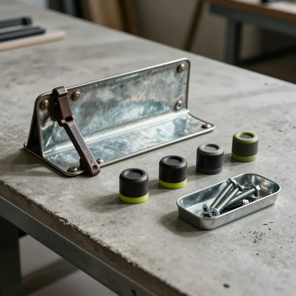 Overhead spread of galvanized sign hardware, cast-iron hinge, lime caps and steel tray on concrete.