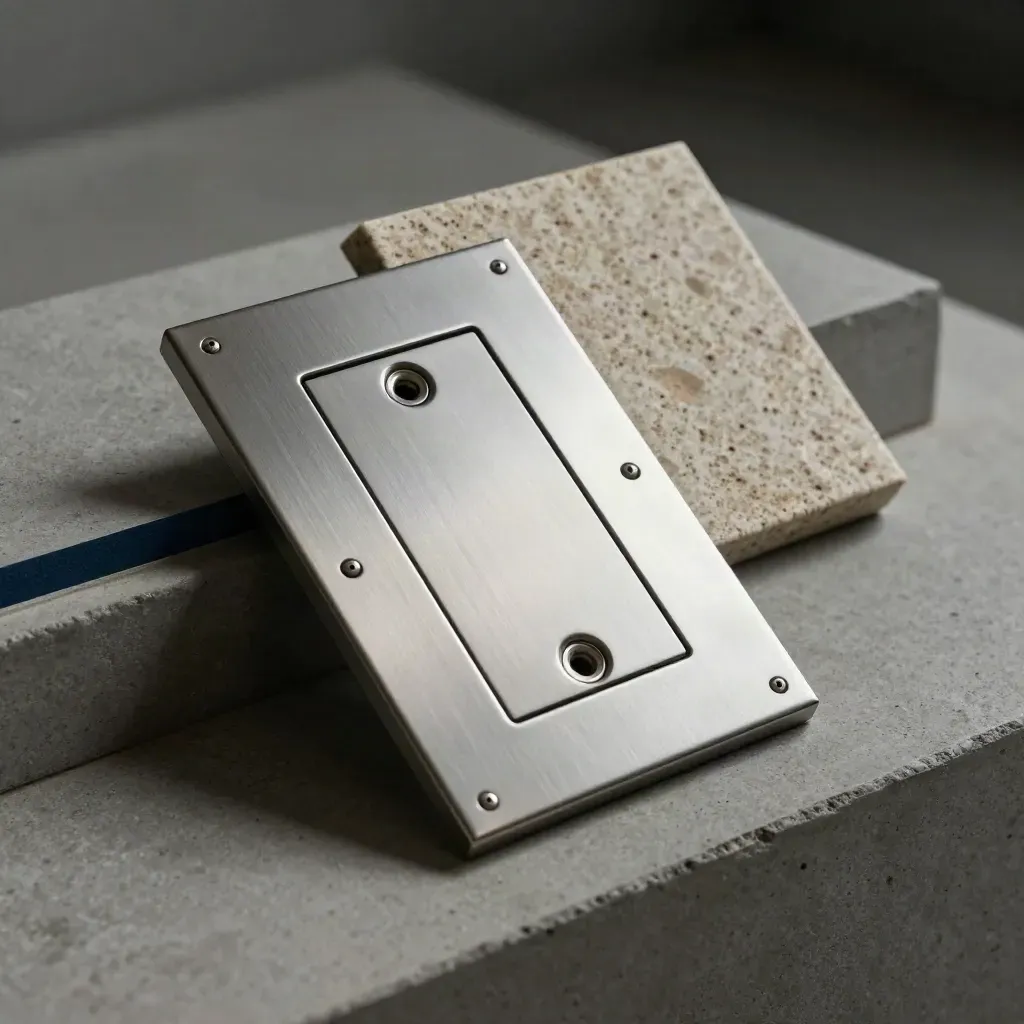 Stainless intercom faceplate with metal token and stone threshold sample on concrete.
