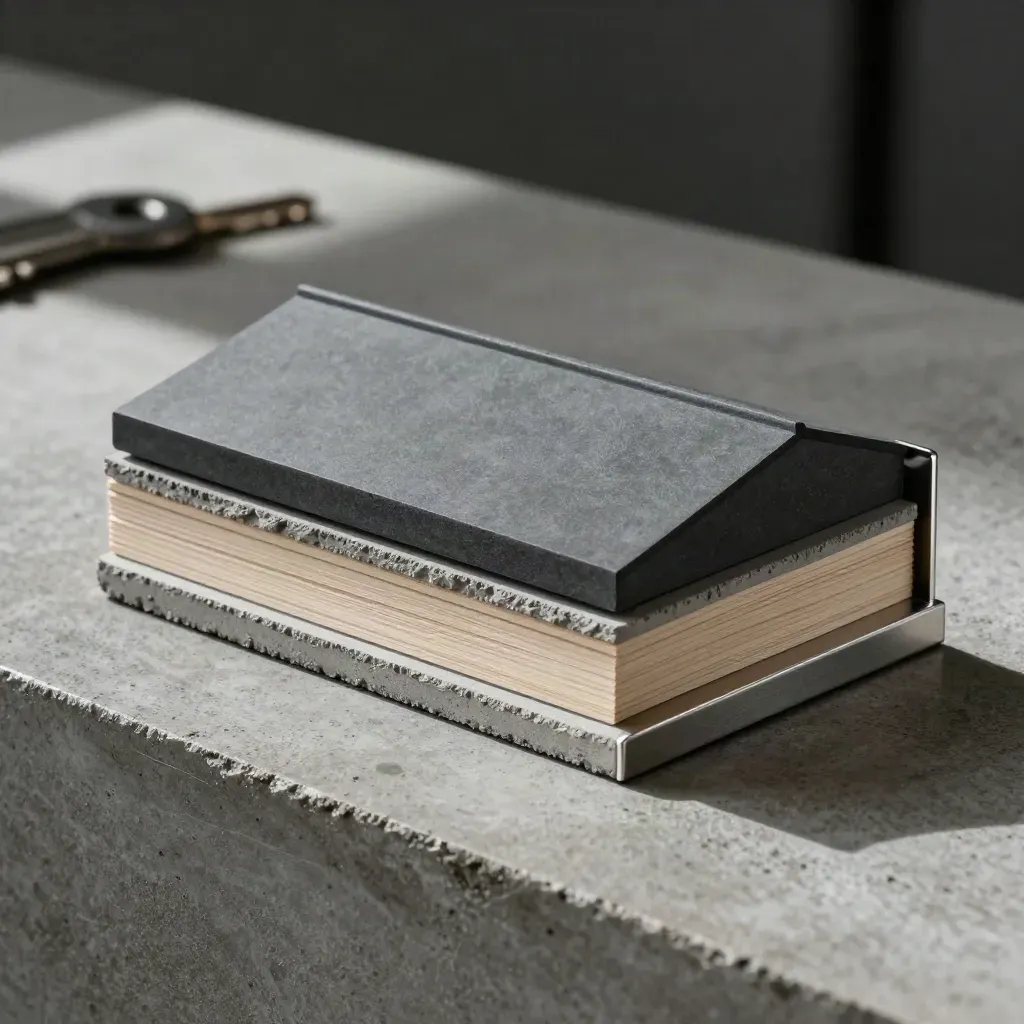 Architectural sample kit with roofline model, concrete swatches, birch strips, and steel angle on stone