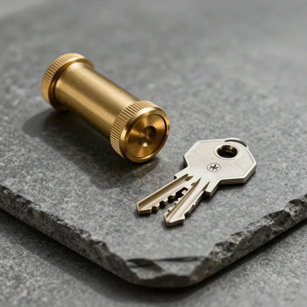Brass lock cylinder, two key blanks, and an aluminum plate on stone in macro detail.