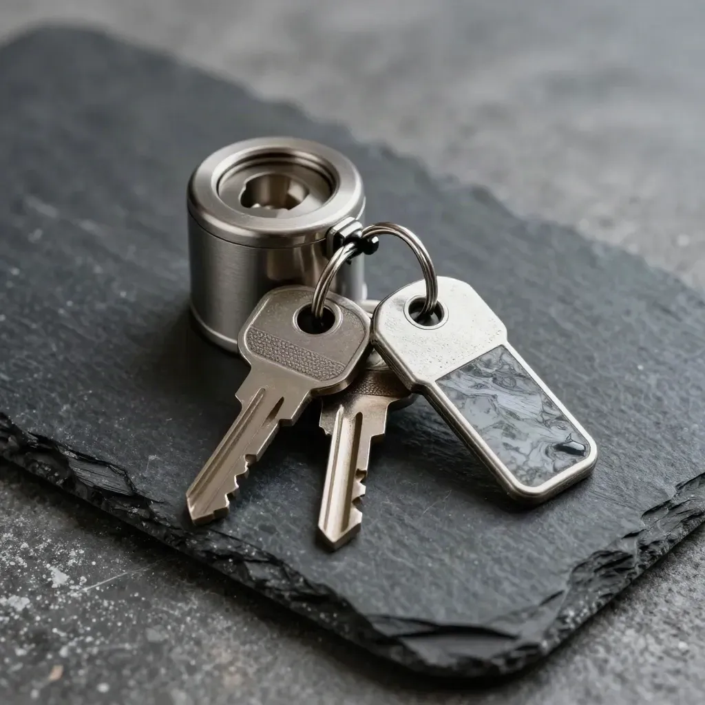 Marine lock, key fobs, latch, and slate chip on dark stone in dramatic light.