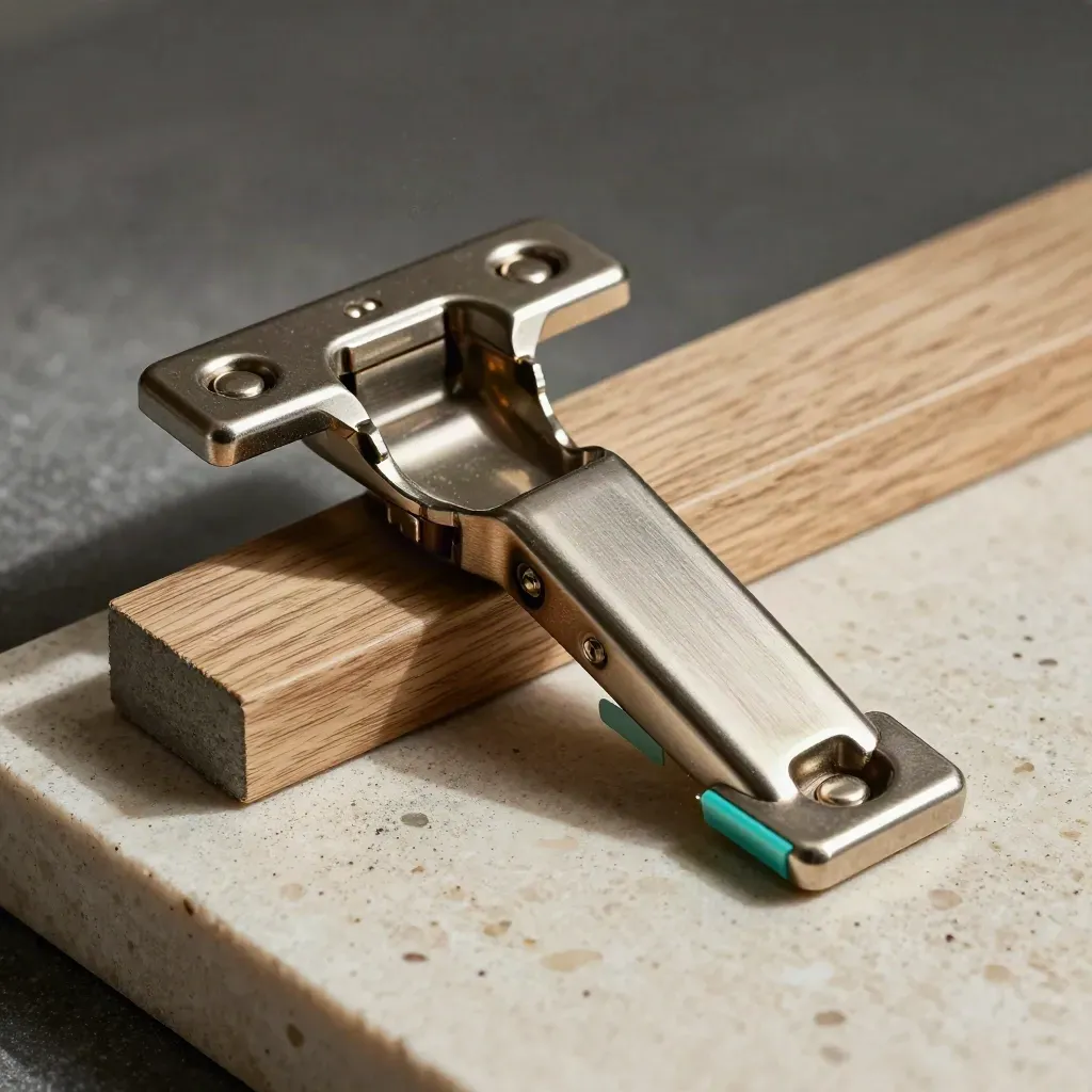 Macro still life of hinge, pull, oak veneer and concrete spacer on travertine with teal accent.