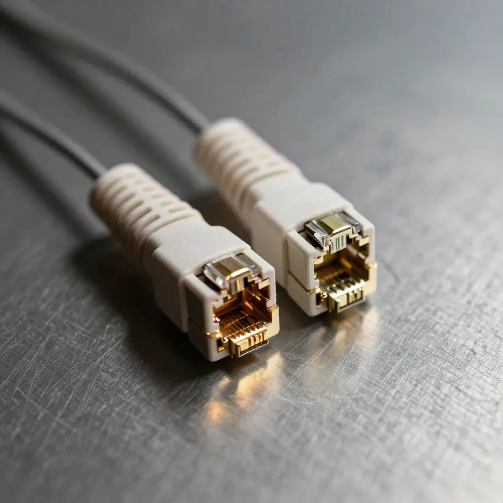 Macro of RJ45 connectors, keystone jack, and braided patch lead on brushed metal.