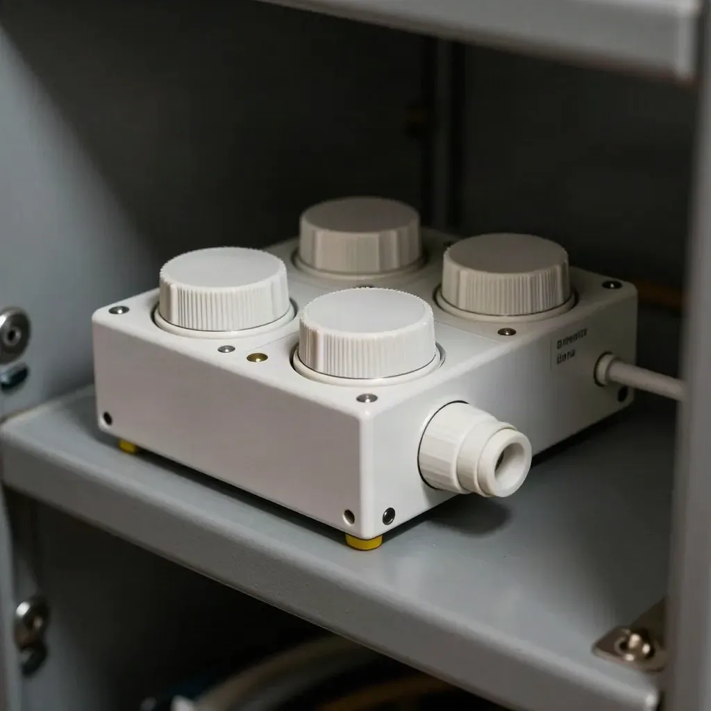 Compact control module with three rotary dials, spacer blocks, and a cable gland on graphite.