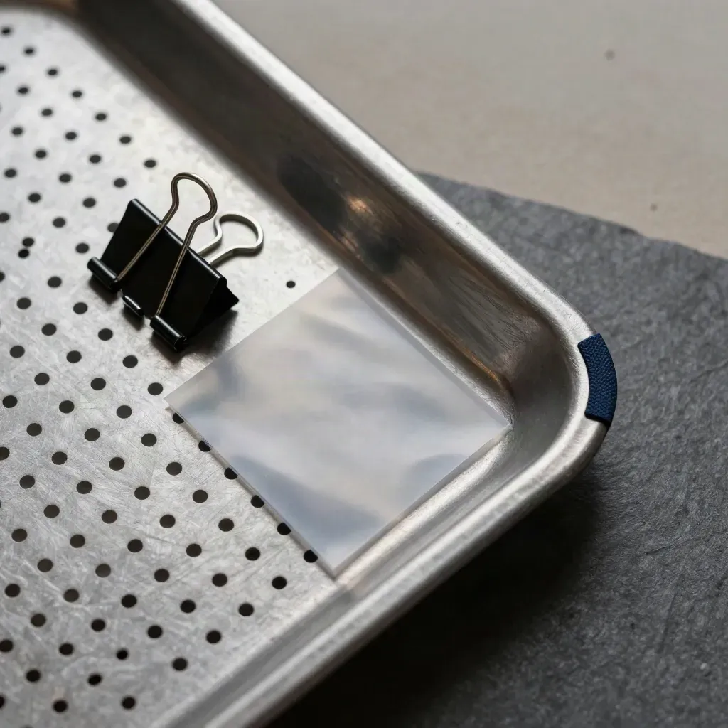 Top-down macro of an aluminum intake tray, binder clip, and face-down sleeve on dark stone.