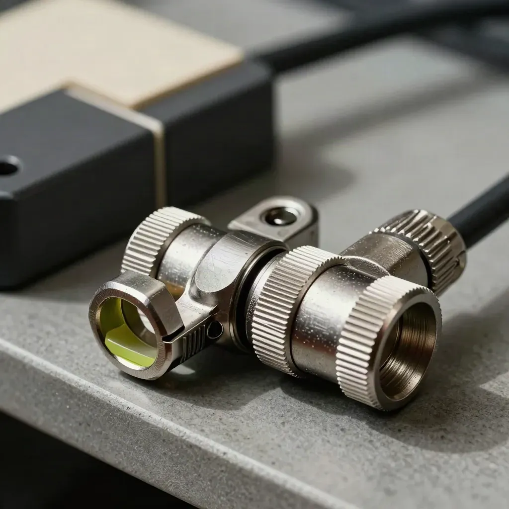 Macro still life of cable couplers, magnetic dock block and cable tie on a graphite shelf.