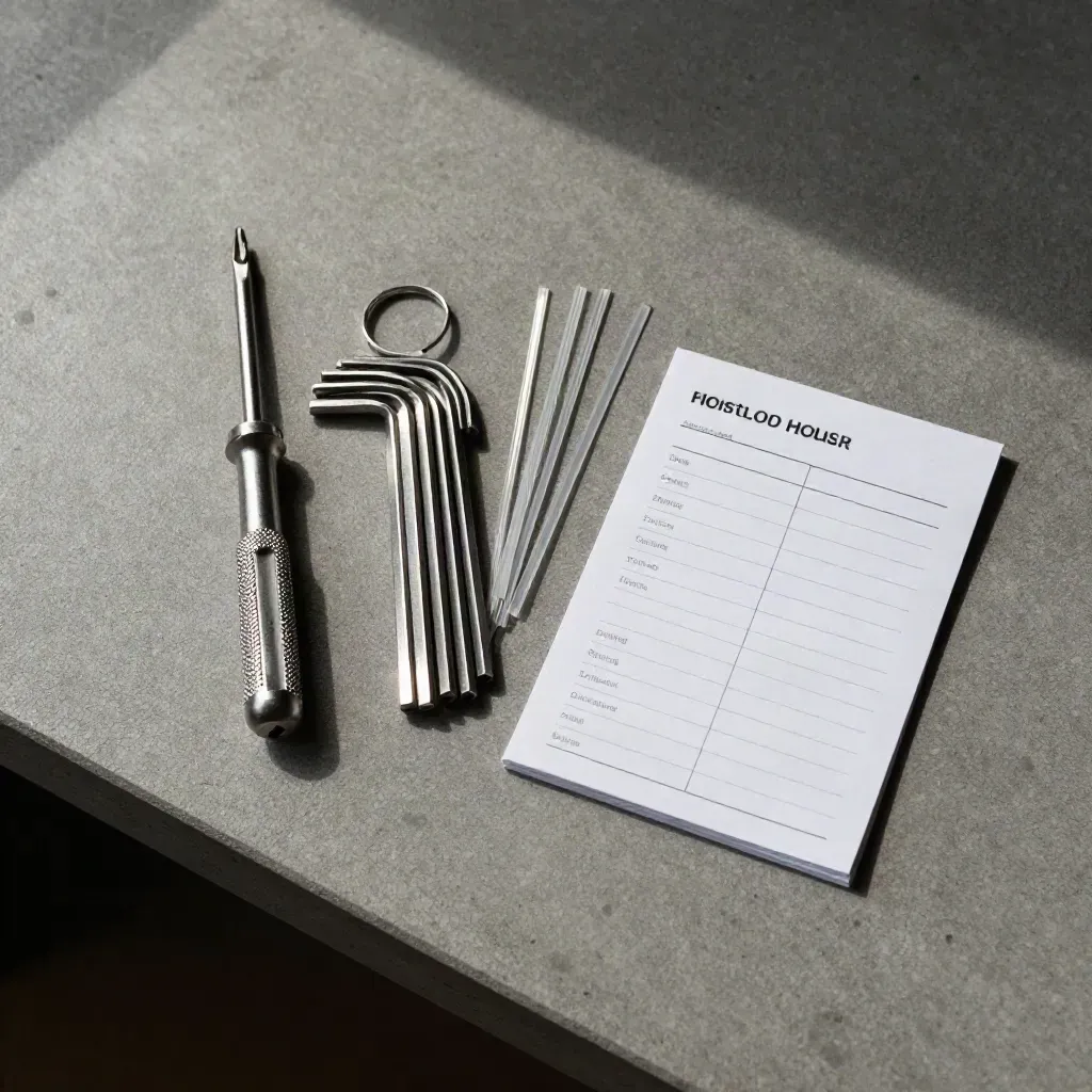 Top-down onboarding toolkit: screwdriver, hex keys, cable ties and a face-down checklist card.