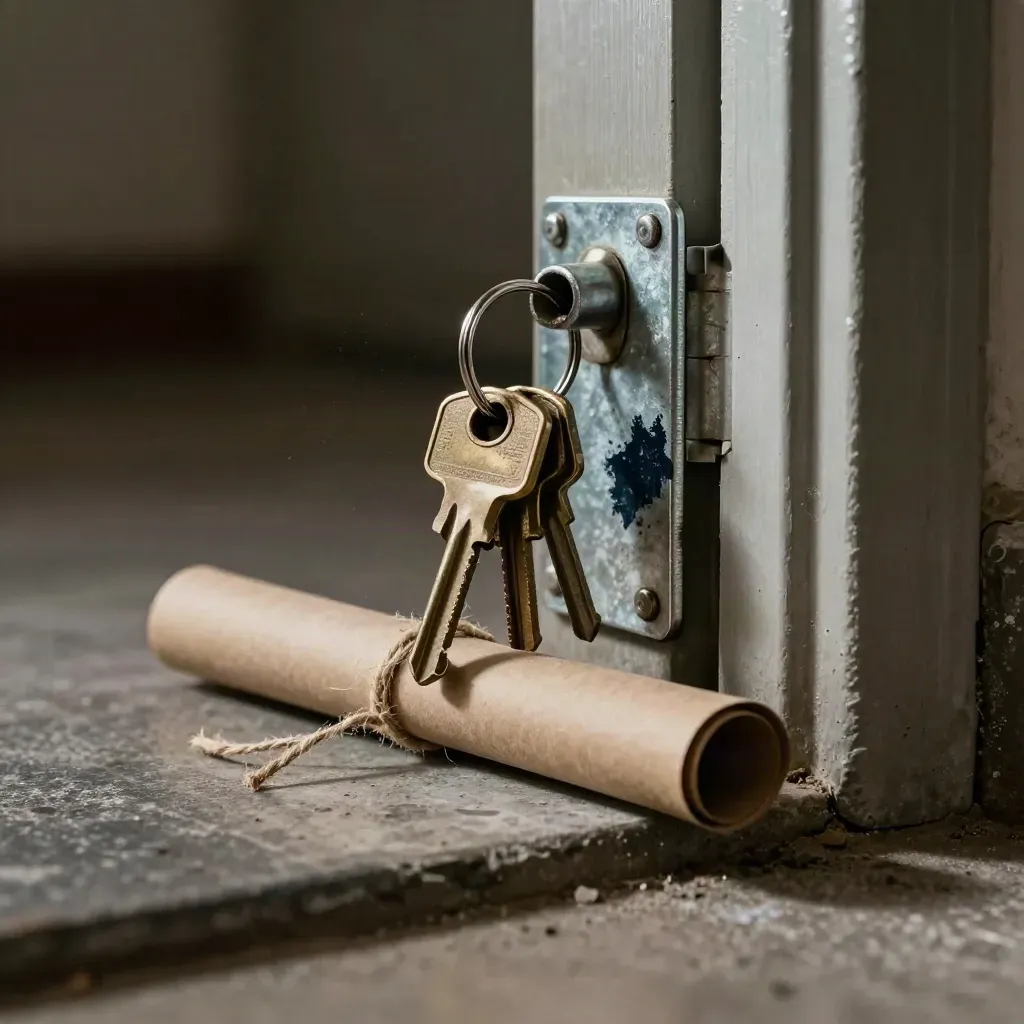 Weathered lockbox keys, galvanized bracket, and rolled tube by a doorway in dramatic light.