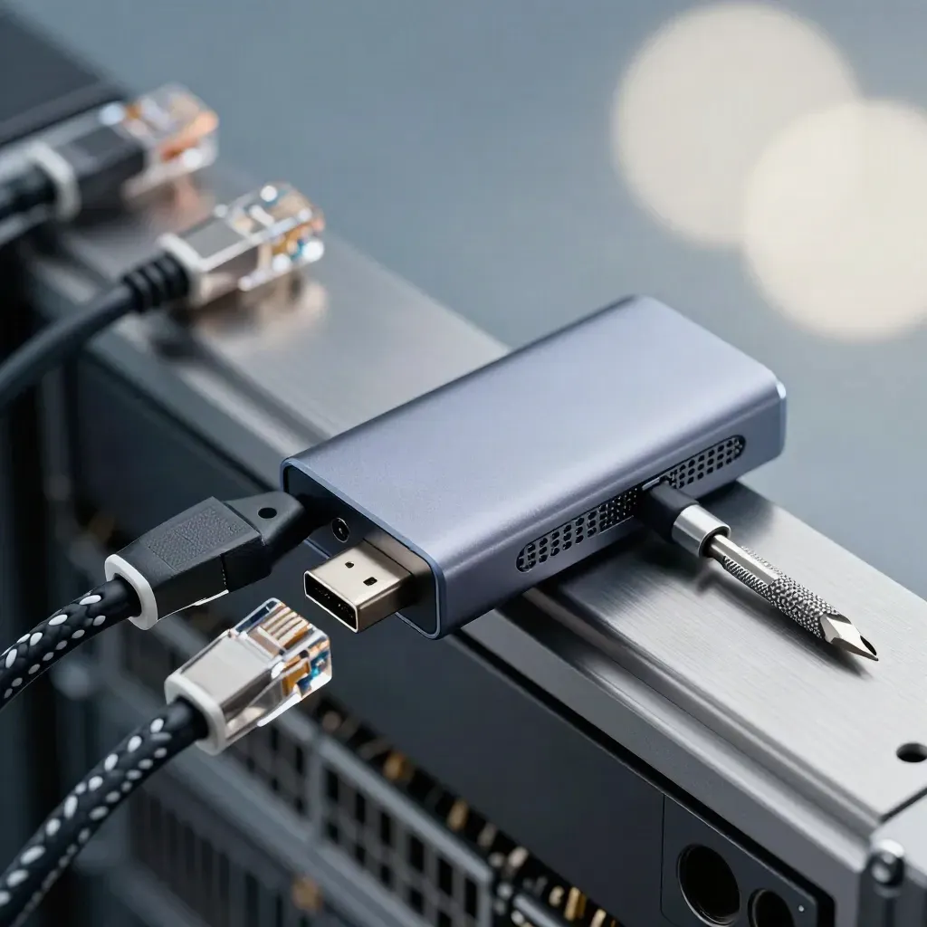Macro still life of a braided cable, hub, rack ears and screwdriver beside a server rail