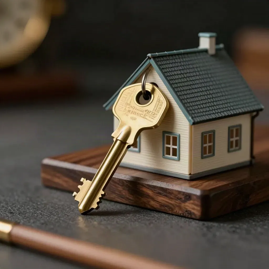 Brass key resting on a tiny house model and walnut block in warm macro light