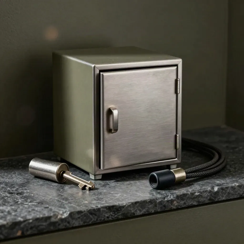 Key cabinet, half-seated lock cylinder and braided patch lead on a slate ledge in dramatic light.