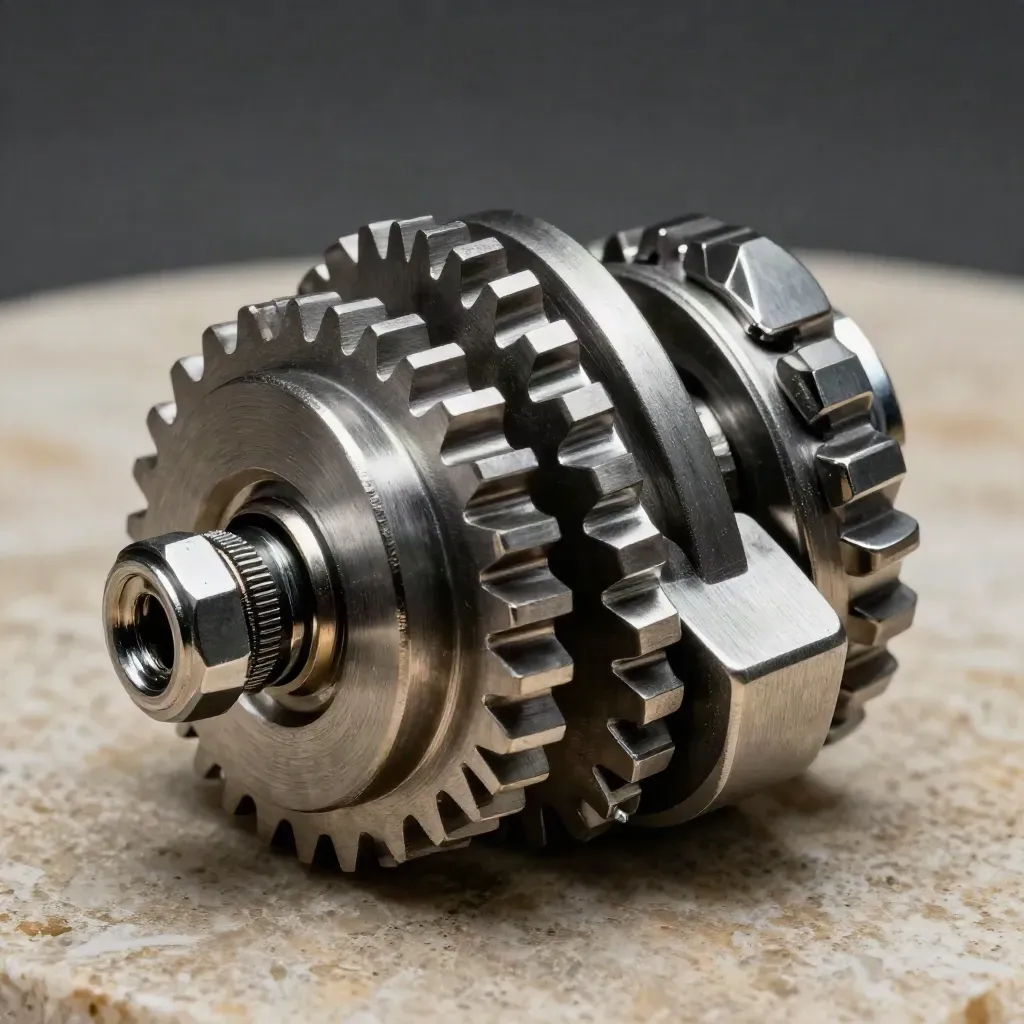Interlocking metal couplers and fasteners on a brushed aluminum plate in dramatic studio light.
