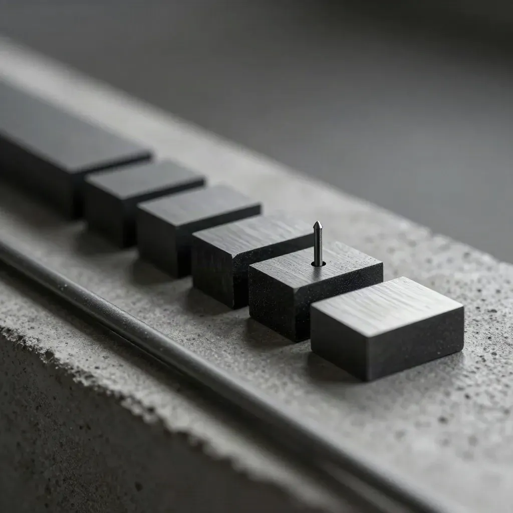 Graphite blocks and a spacer pin form a step pattern on concrete, seen through a blurred rod.