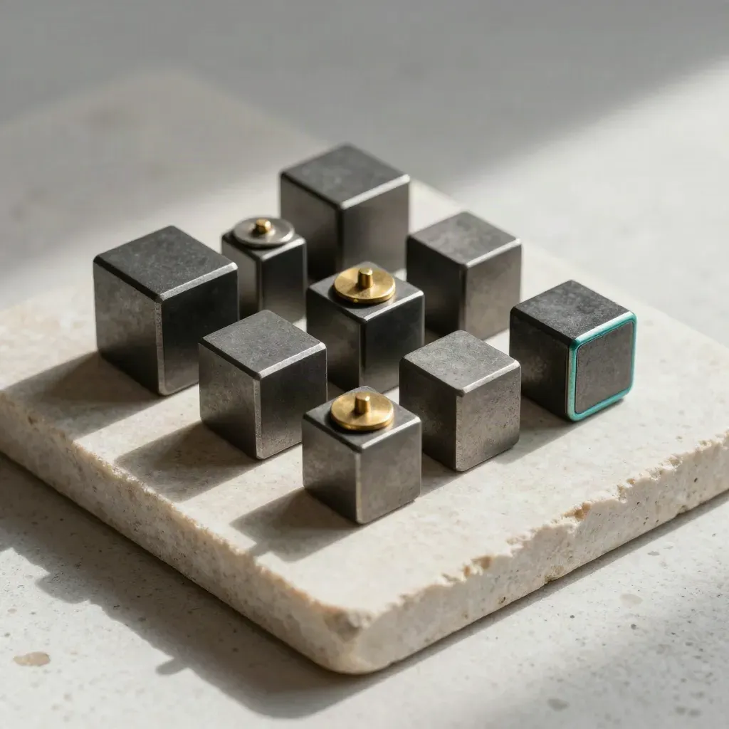 Top-down still life of graphite cubes, brass spacers, and a metal clip on pale stone.