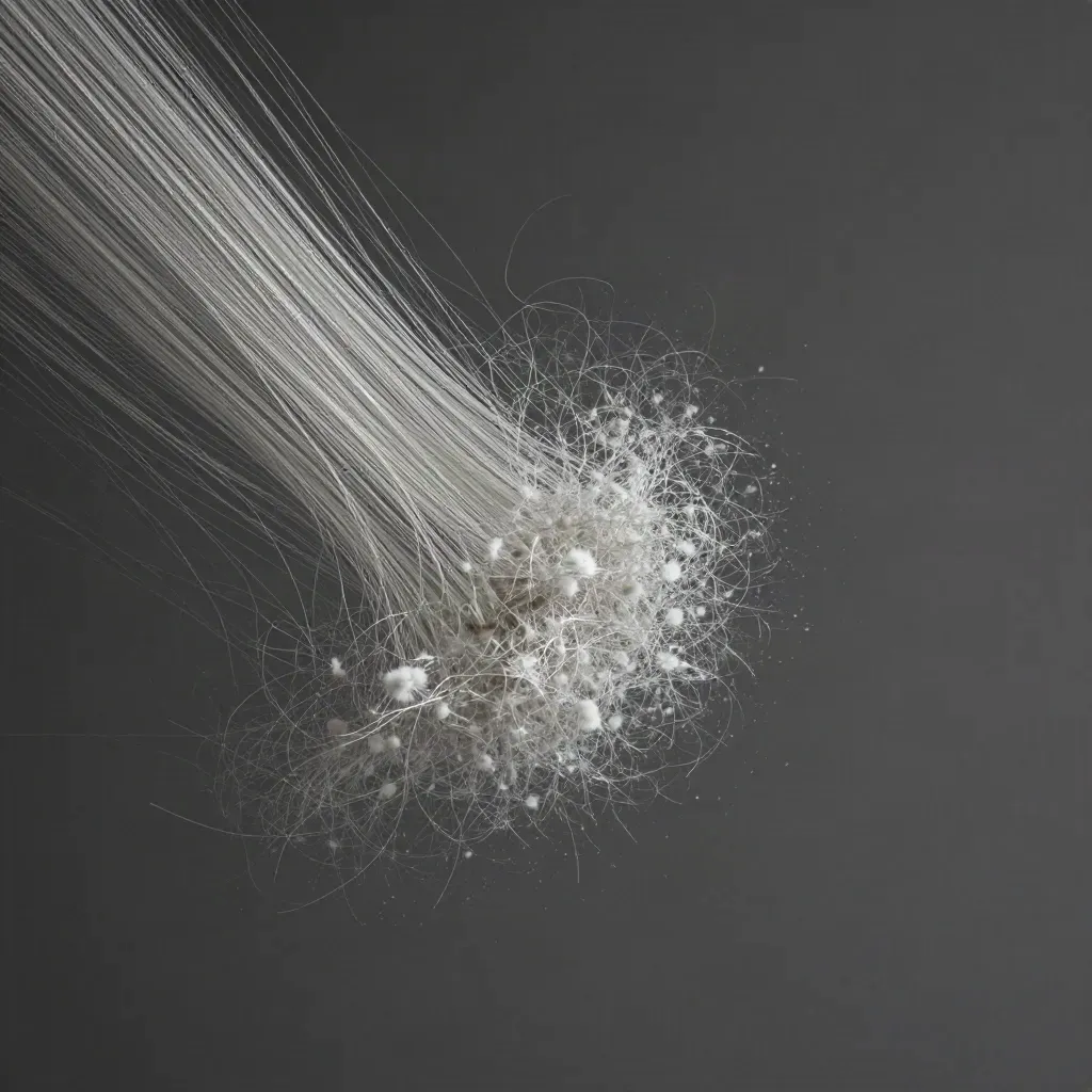 Silver filaments converge in graphite space with a white bloom and drifting motes.